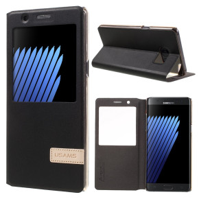 Луксозен кожен калъф тип тефтер и стойка оригинален S-View USAMS за Samsung Galaxy Note 7 N930 черен